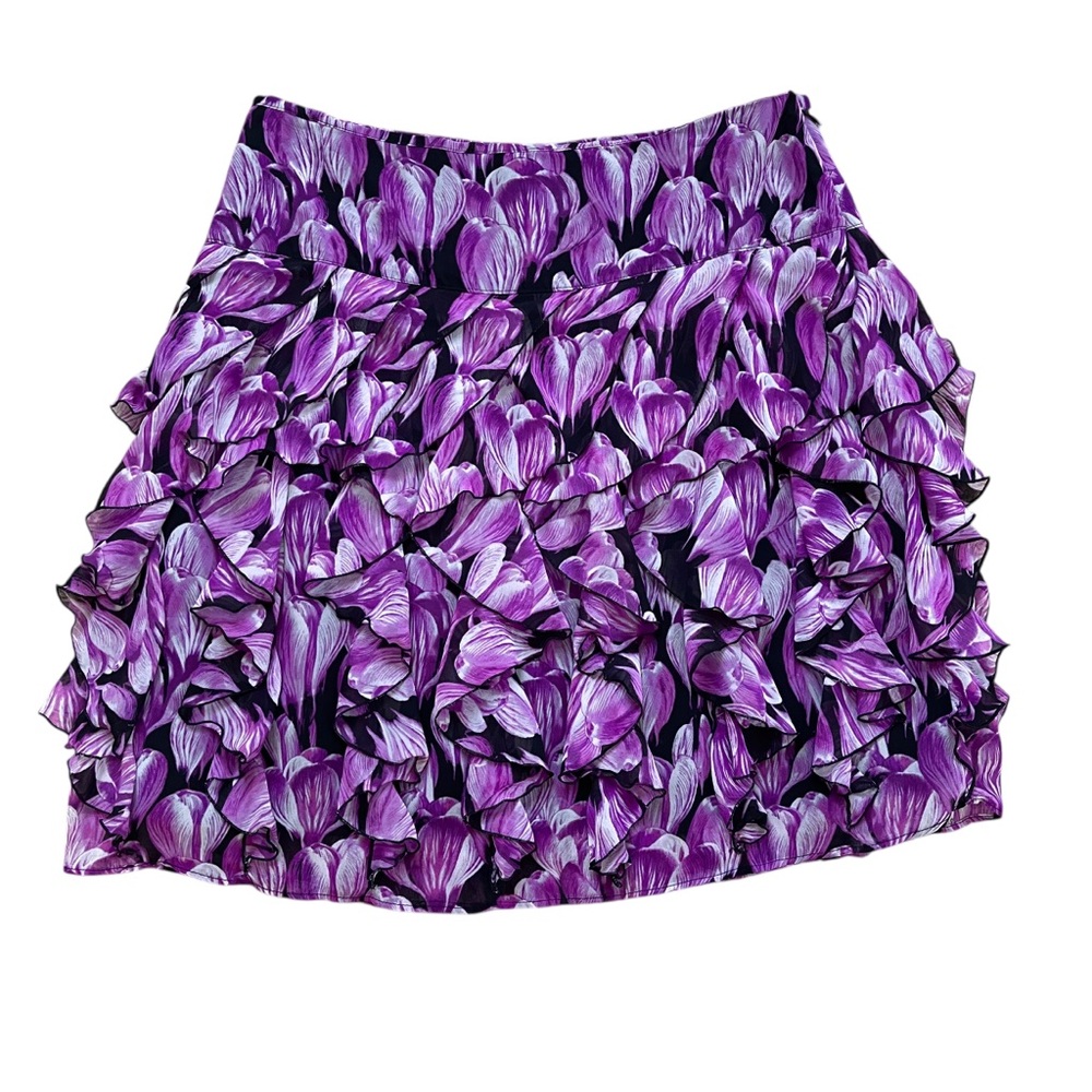 Y2K Worthington Black Purple Floral Tiered Ruffle‎ Mini Skirt Size 8
